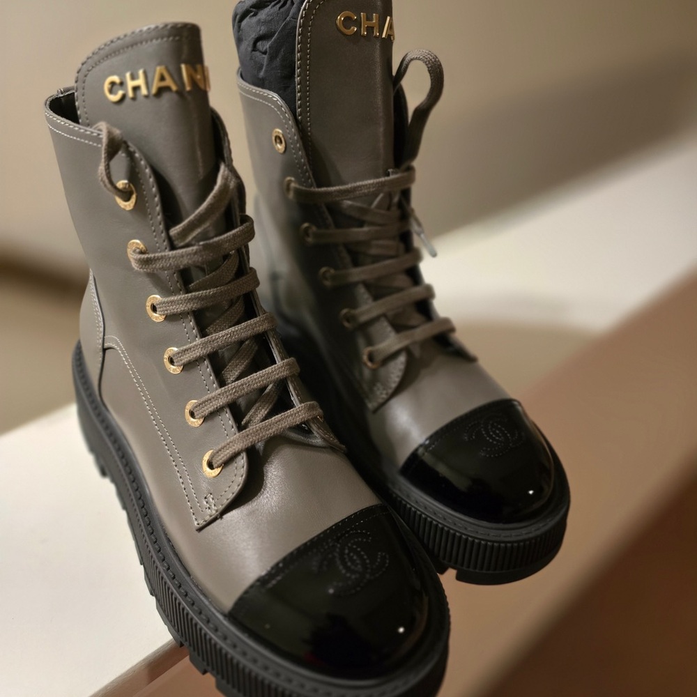 CHANEL Gray and Black Combat Boots